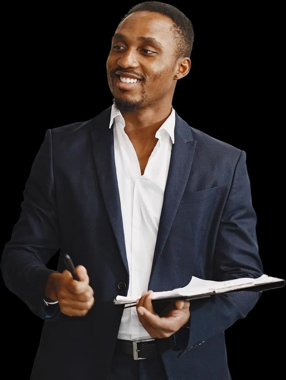 A finance colleague with a clipboard and pen