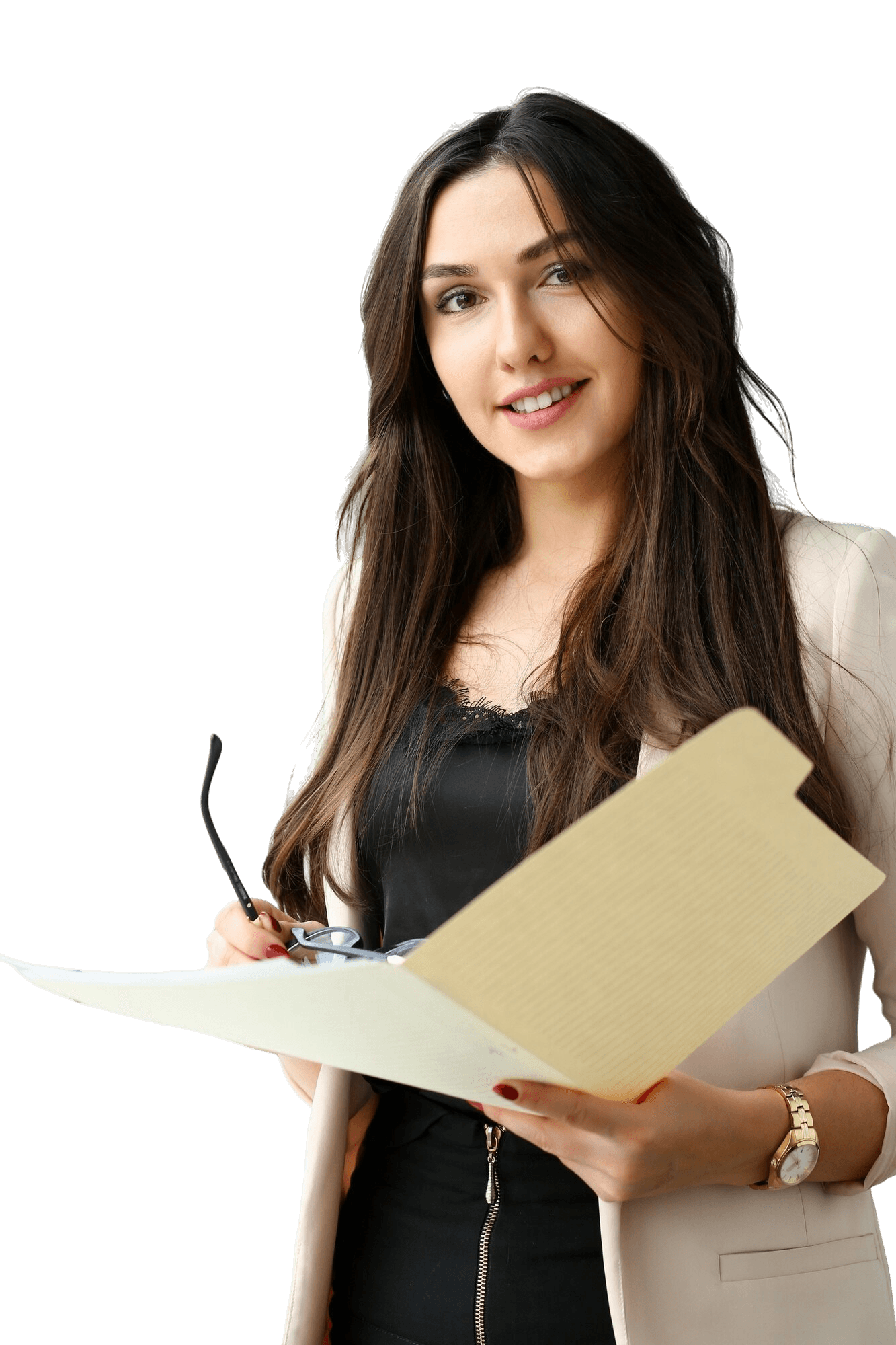 A manager with a folder of documents, mid conversation