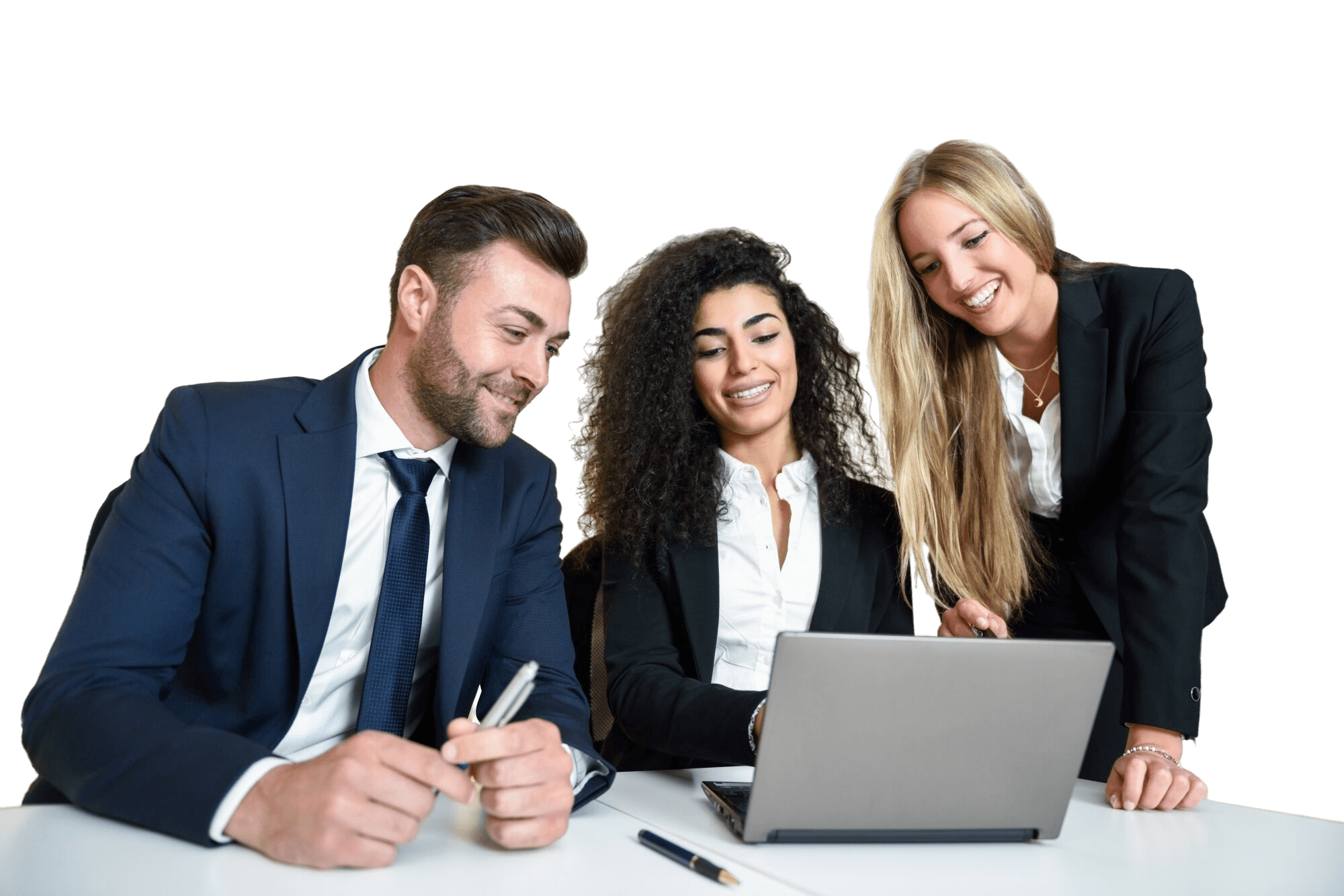 Three people in a meeting